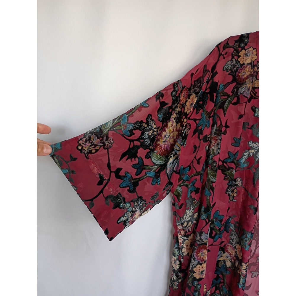 Arizona Jean Co Women Burnout Velvet Floral Open Front Kimono Burgundy Black M/L - Picture 4 of 8